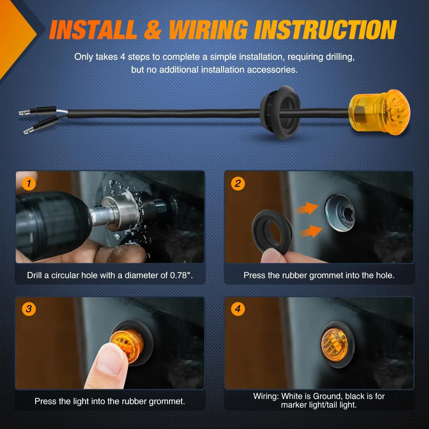 3/4 inch Amber Round LED Marker Lights 2 Connectors (10 Pcs)
