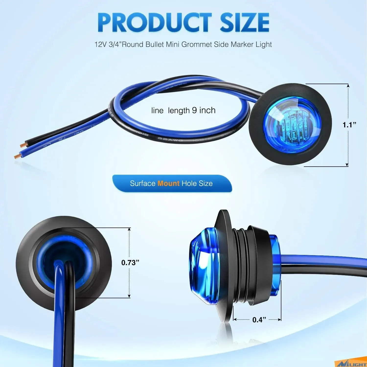3/4 inch Blue Round LED Marker Lights (10 Pcs)