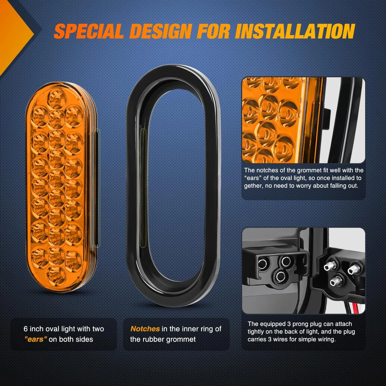 6 Inch Oval Amber 24Leds Trailer Tail Lights (Pair)