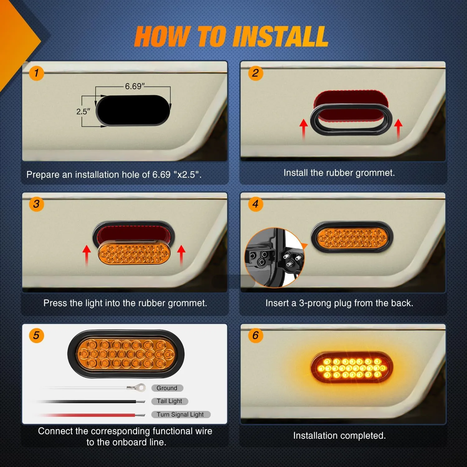 6 Inch Oval Amber 24Leds Trailer Tail Lights (Pair)