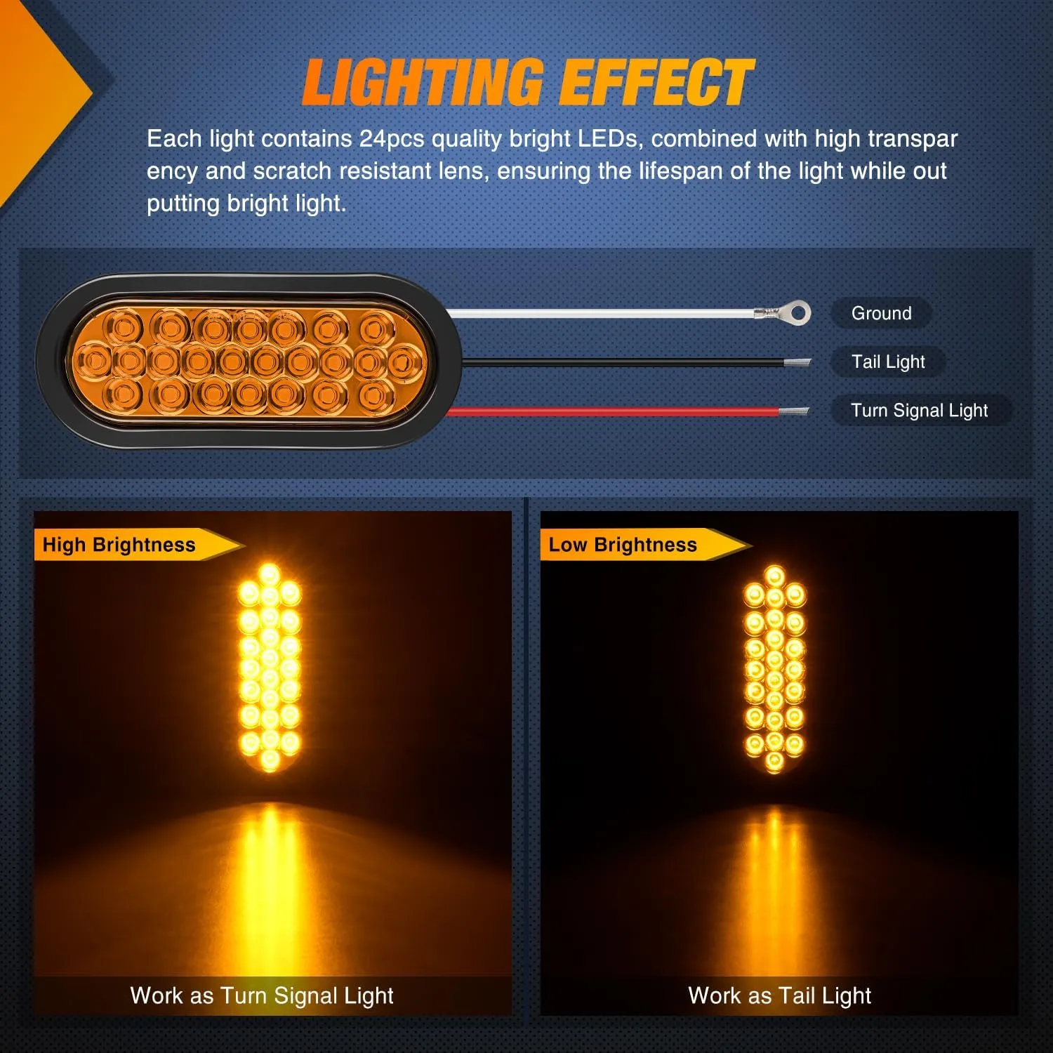 6 Inch Oval Amber 24Leds Trailer Tail Lights (Pair)