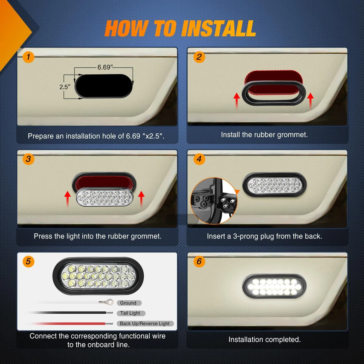 6 Inch Oval White 24Leds Trailer Tail Lights 4Pcs