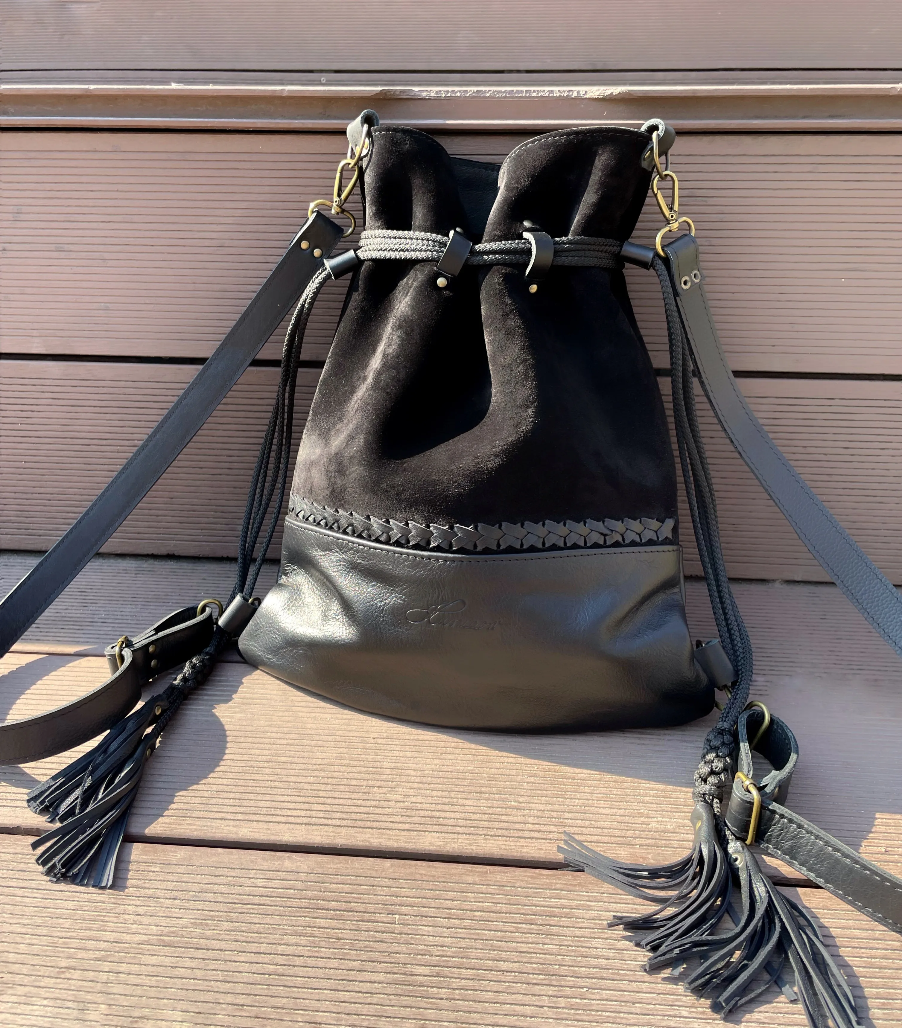 BRAIDED BLACK BACKPACK/TOTEBAG