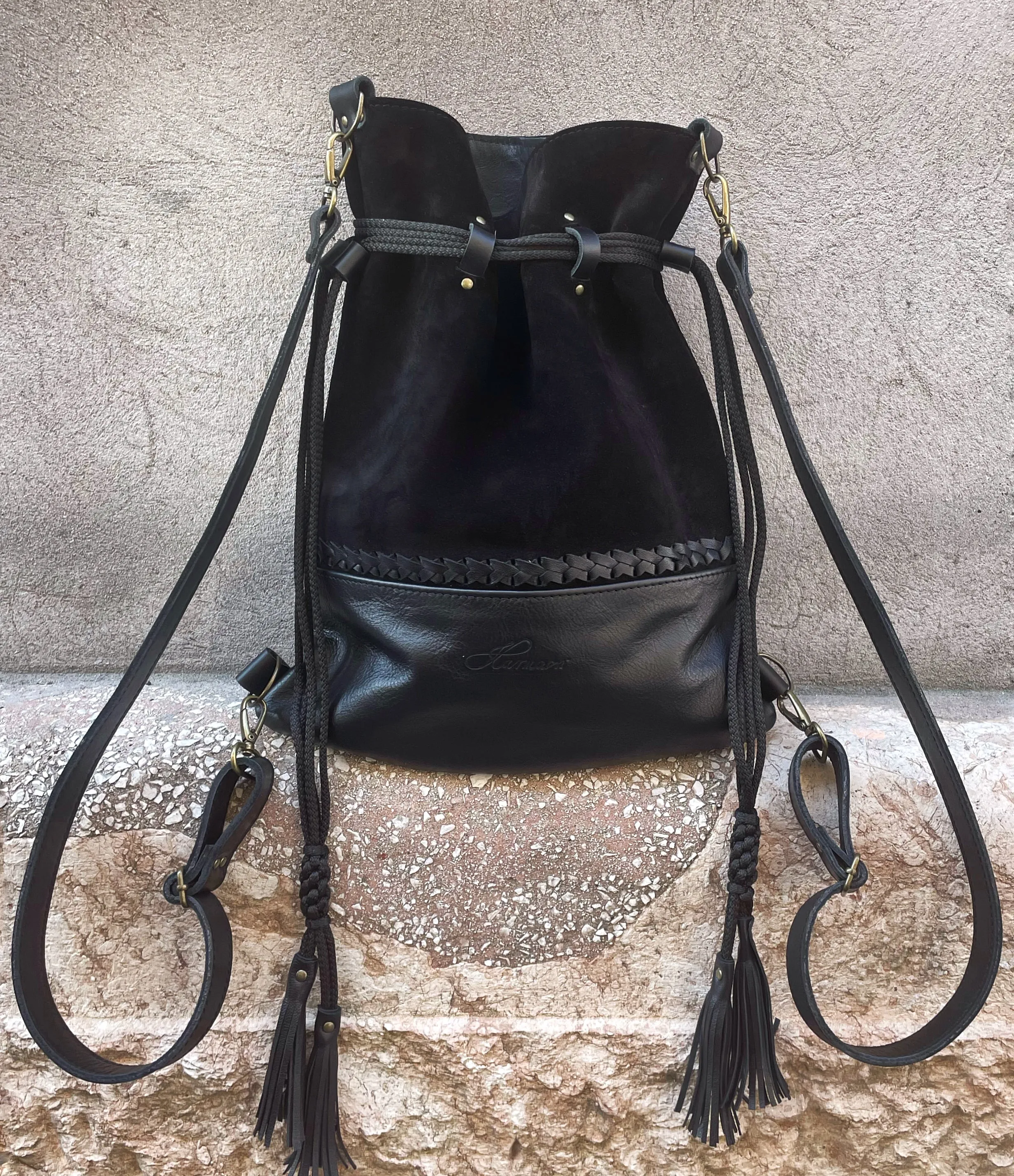 BRAIDED BLACK BACKPACK/TOTEBAG