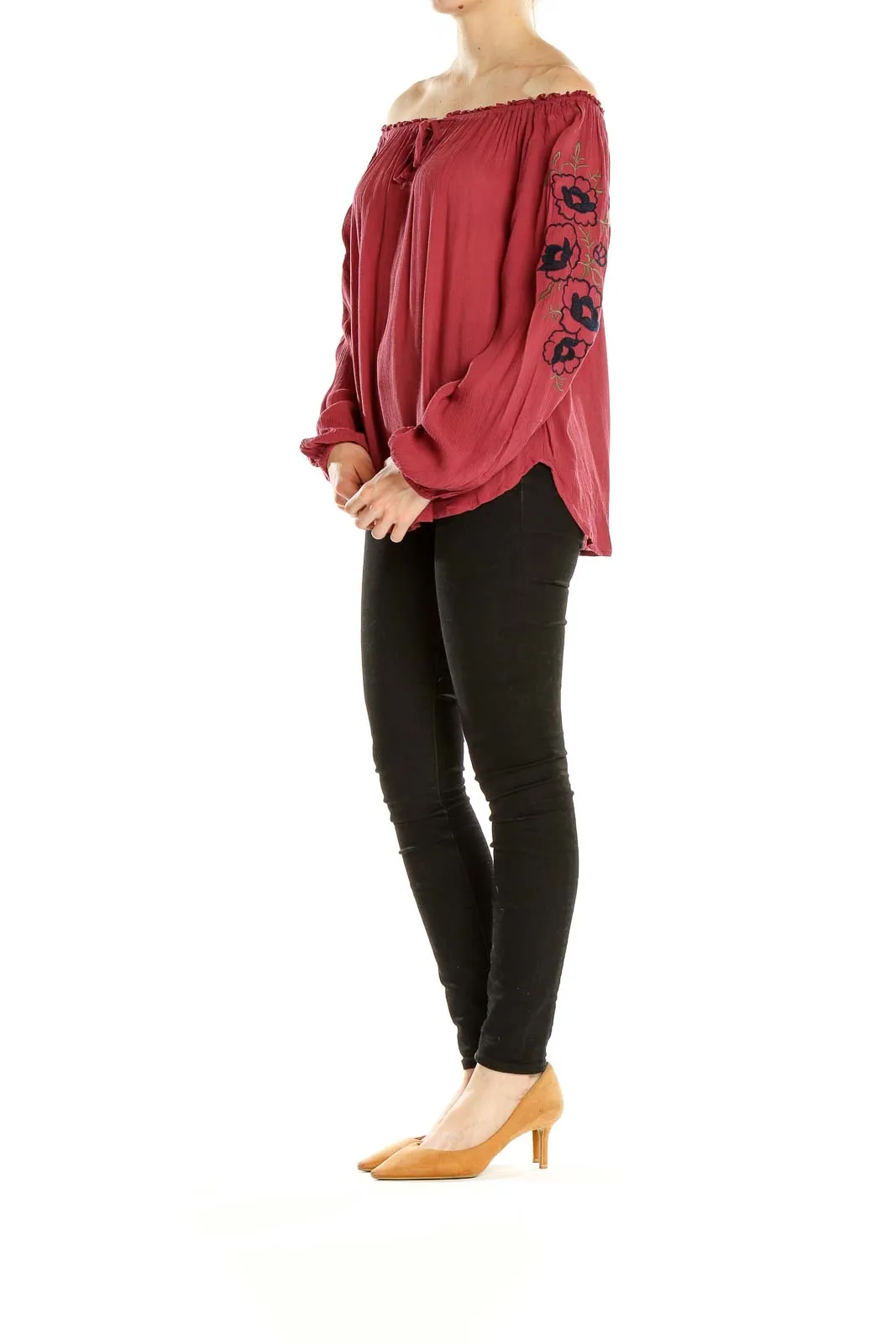 Burgundy Floral Embroidered Off-Shoulder Top