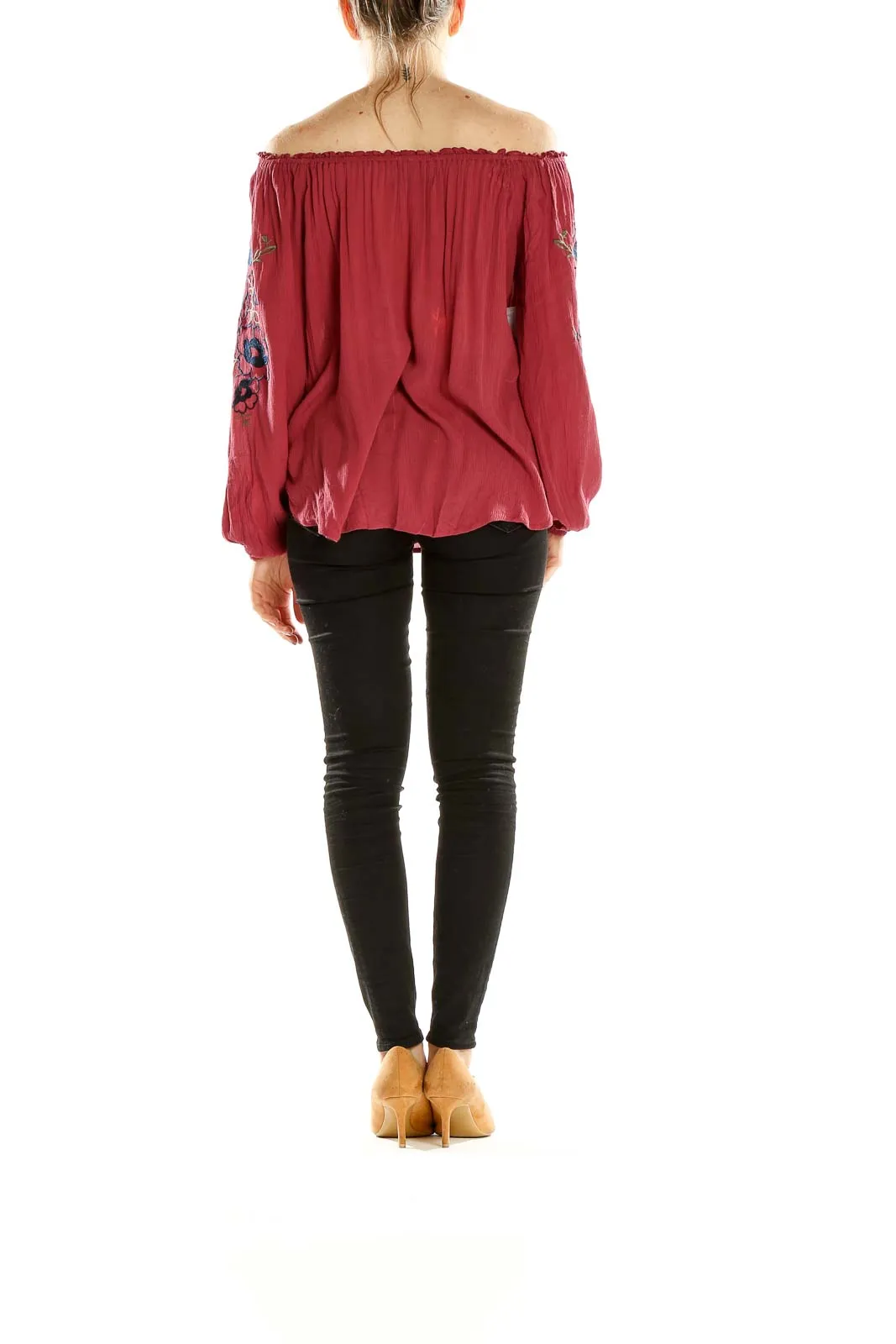 Burgundy Floral Embroidered Off-Shoulder Top