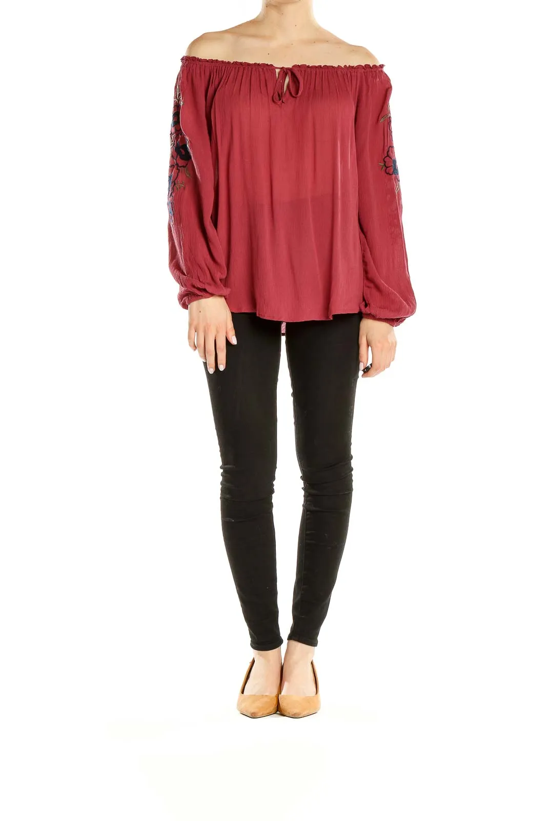 Burgundy Floral Embroidered Off-Shoulder Top