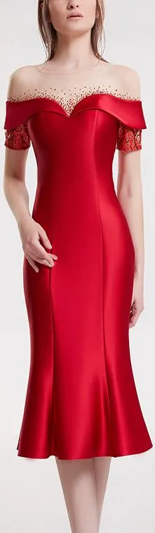 Crystal Sequined Red Fluted Evening Dress