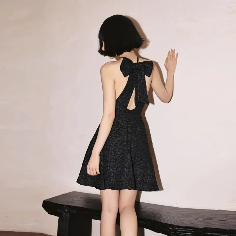 DOLLY Luxury Black Bow Halter Neck Backless High Waist Short Birthday Dress-Crystal