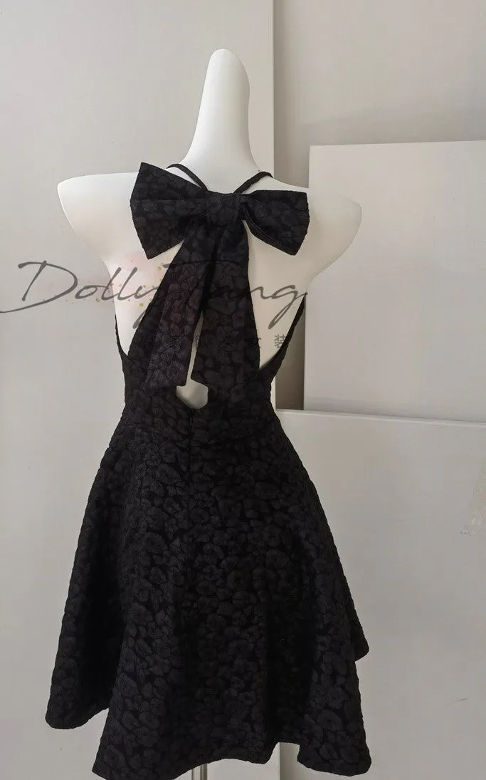 DOLLY Luxury Black Bow Halter Neck Backless High Waist Short Birthday Dress-Crystal