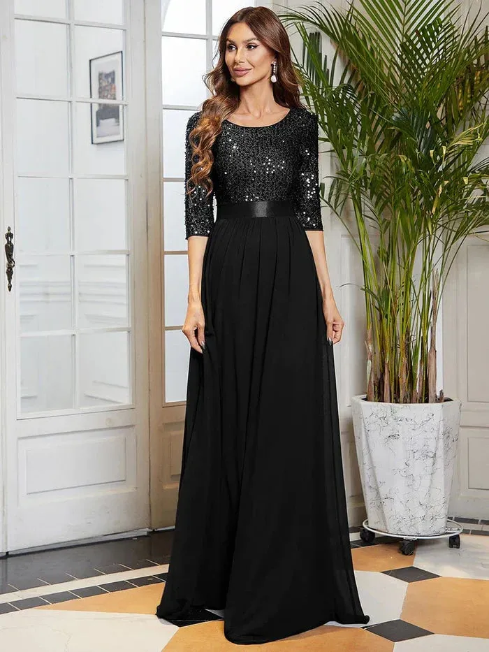 Elegant Round Neckline 3/4 Sleeve Sequins Patchwork Evening Dress