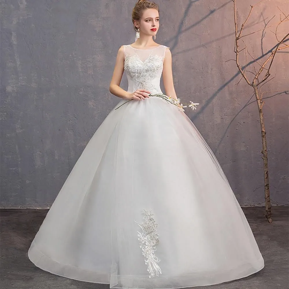 Elegant Wedding Dresses O-Neck Sleeveless Ball Gown Lace Embroidery Tulle