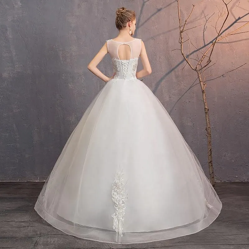 Elegant Wedding Dresses O-Neck Sleeveless Ball Gown Lace Embroidery Tulle