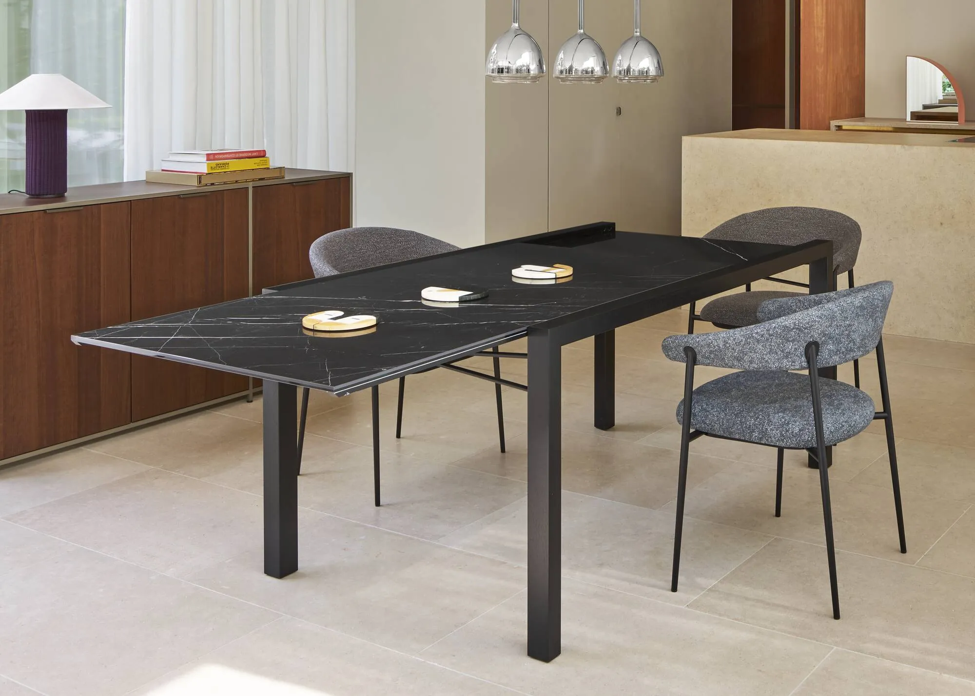 Extensia Dining Table Marquinia Ceramic Stoneware Top Base In Black Stained Ash
