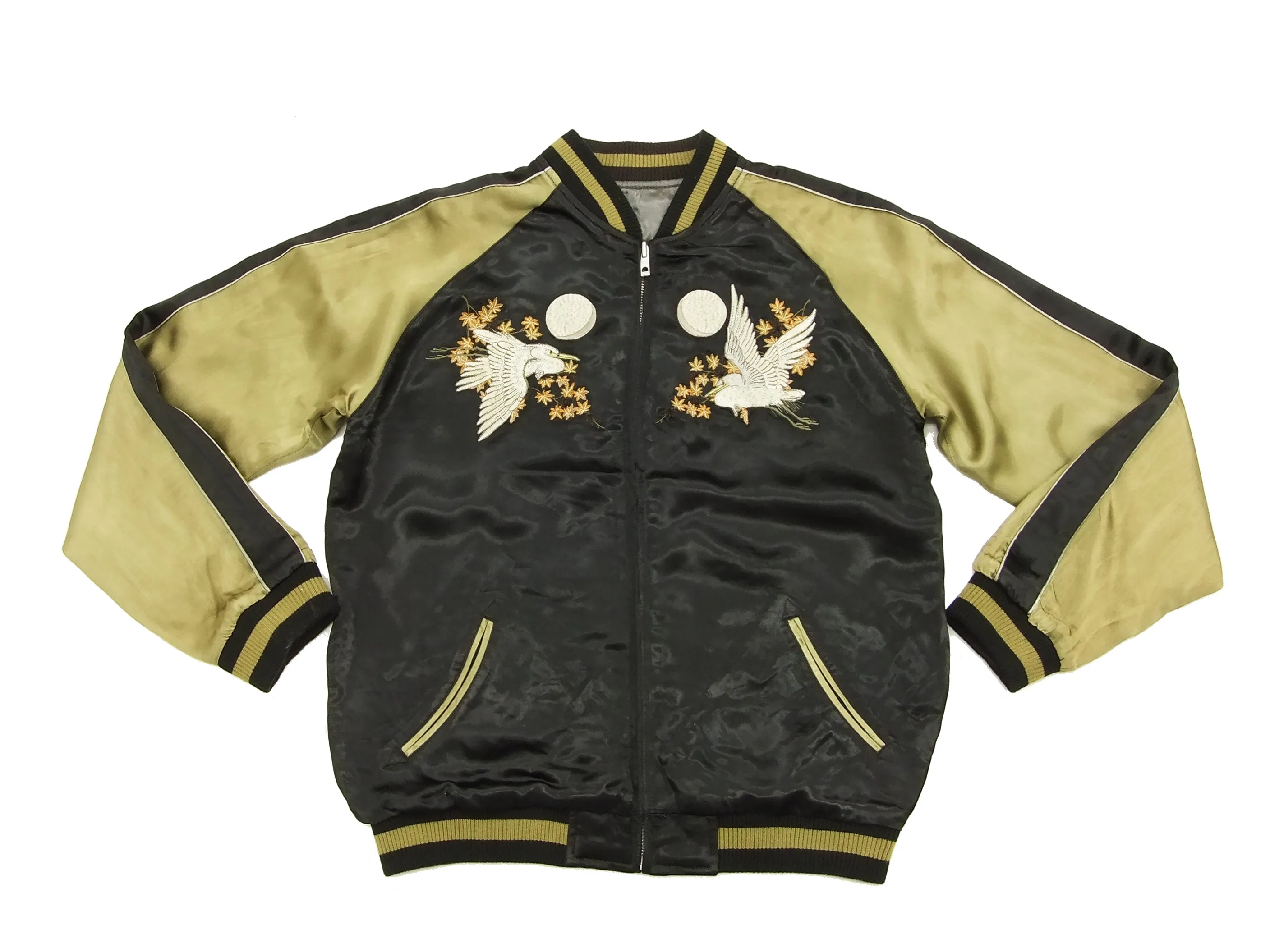 Hanatabi Gakudan Men's Japanese Souvenir Jacket Autumn Leaves and Heron Sukajan Script SSJ-512