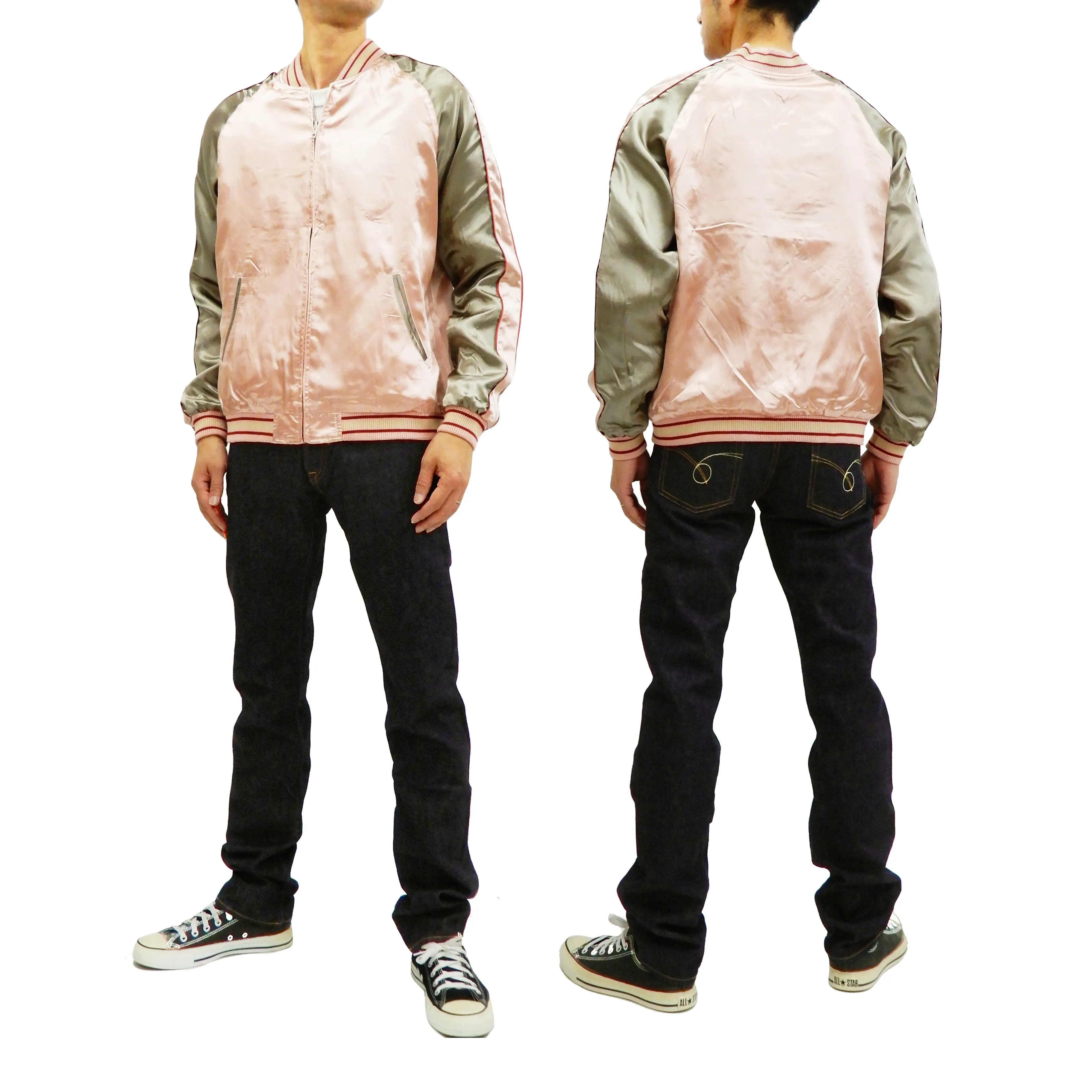 Japanesque Mens Japanese Souvenir Jacket Goldfish Bowl Sukajan 3RSJ-045 Pink/Beige