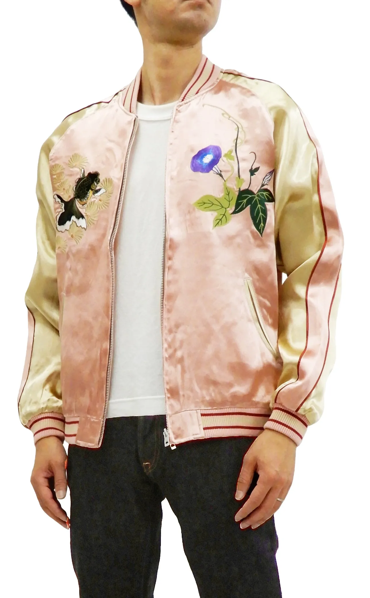 Japanesque Mens Japanese Souvenir Jacket Goldfish Bowl Sukajan 3RSJ-045 Pink/Beige