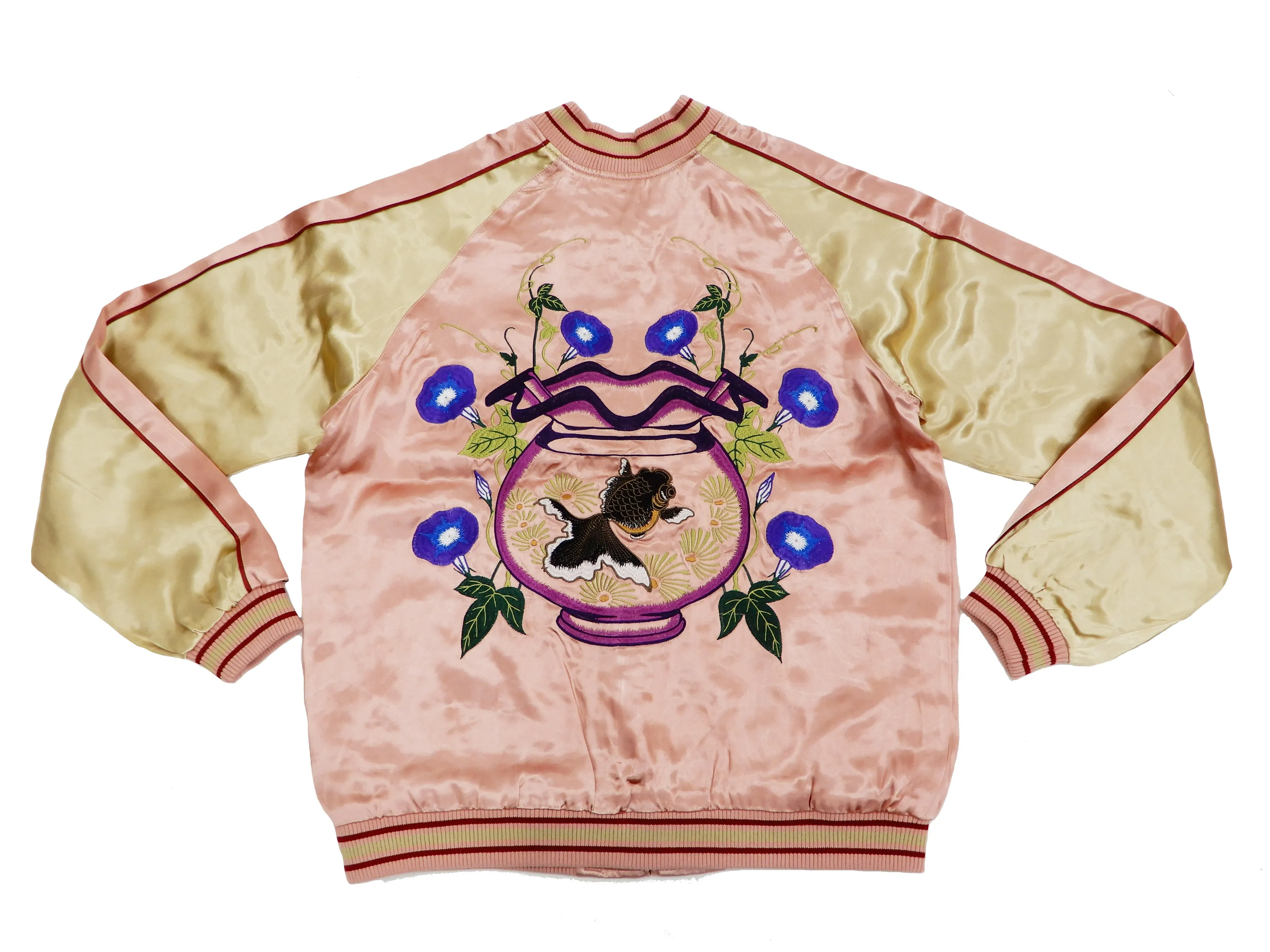 Japanesque Mens Japanese Souvenir Jacket Goldfish Bowl Sukajan 3RSJ-045 Pink/Beige