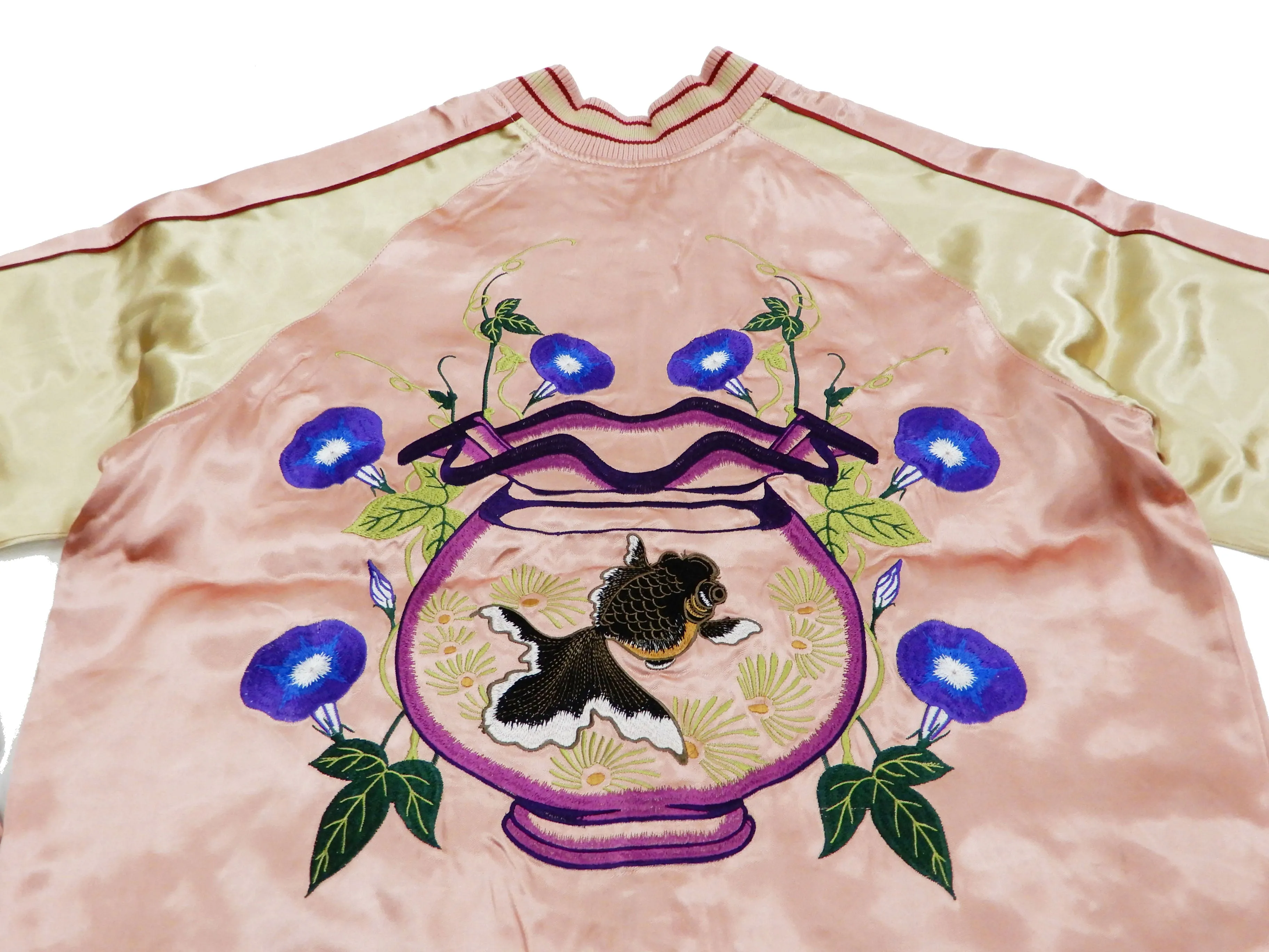 Japanesque Mens Japanese Souvenir Jacket Goldfish Bowl Sukajan 3RSJ-045 Pink/Beige