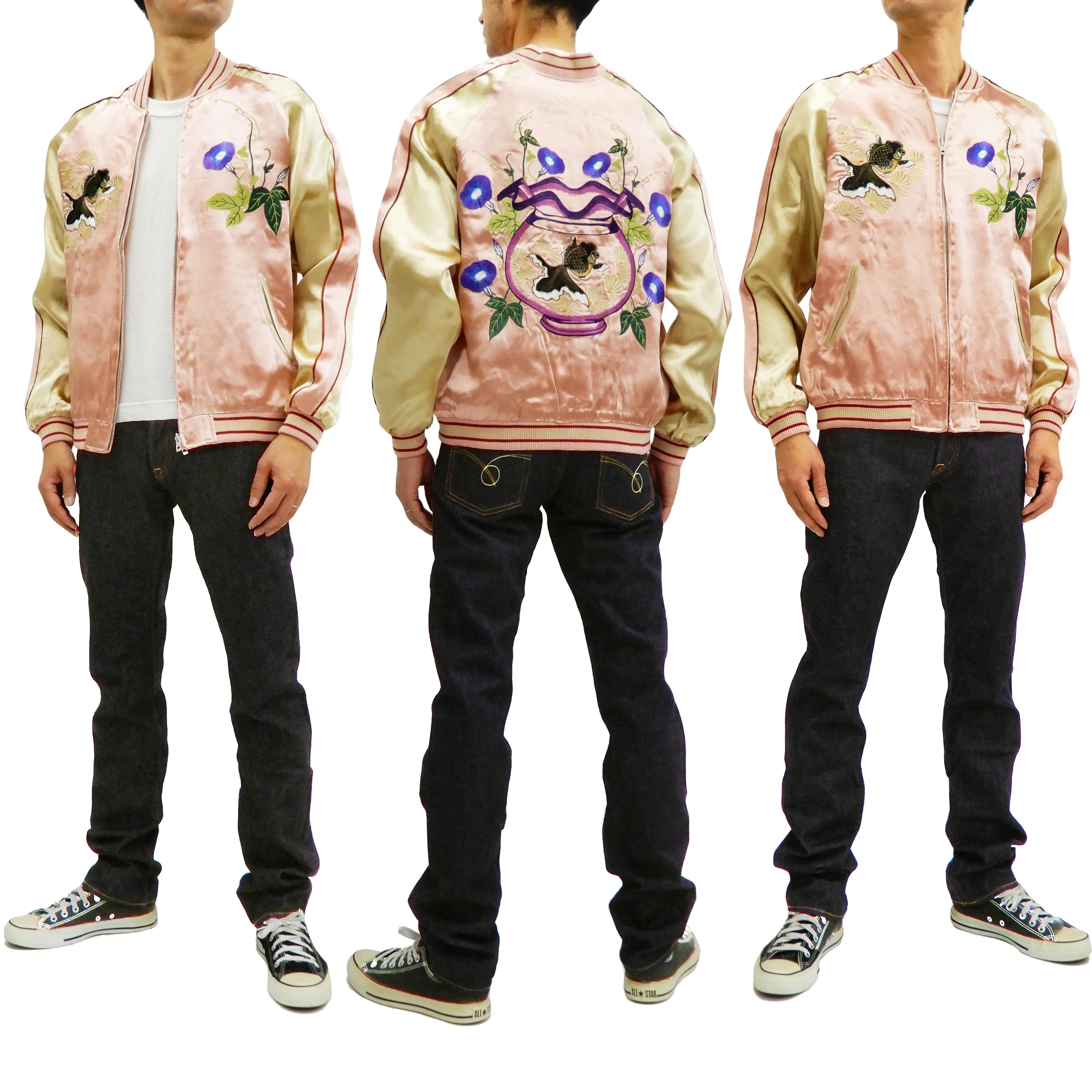 Japanesque Mens Japanese Souvenir Jacket Goldfish Bowl Sukajan 3RSJ-045 Pink/Beige