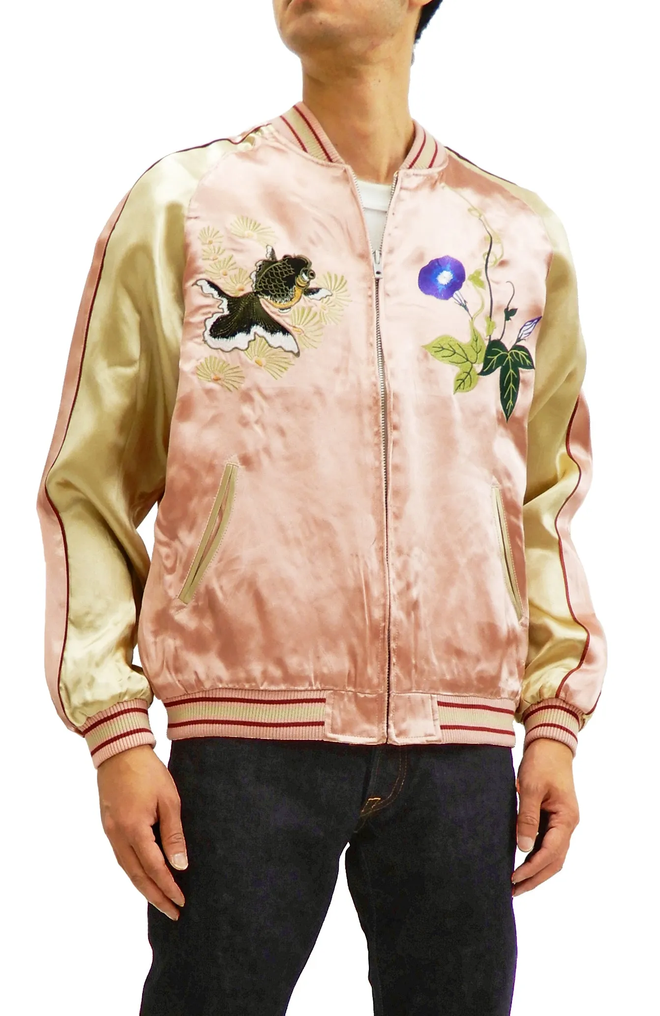 Japanesque Mens Japanese Souvenir Jacket Goldfish Bowl Sukajan 3RSJ-045 Pink/Beige