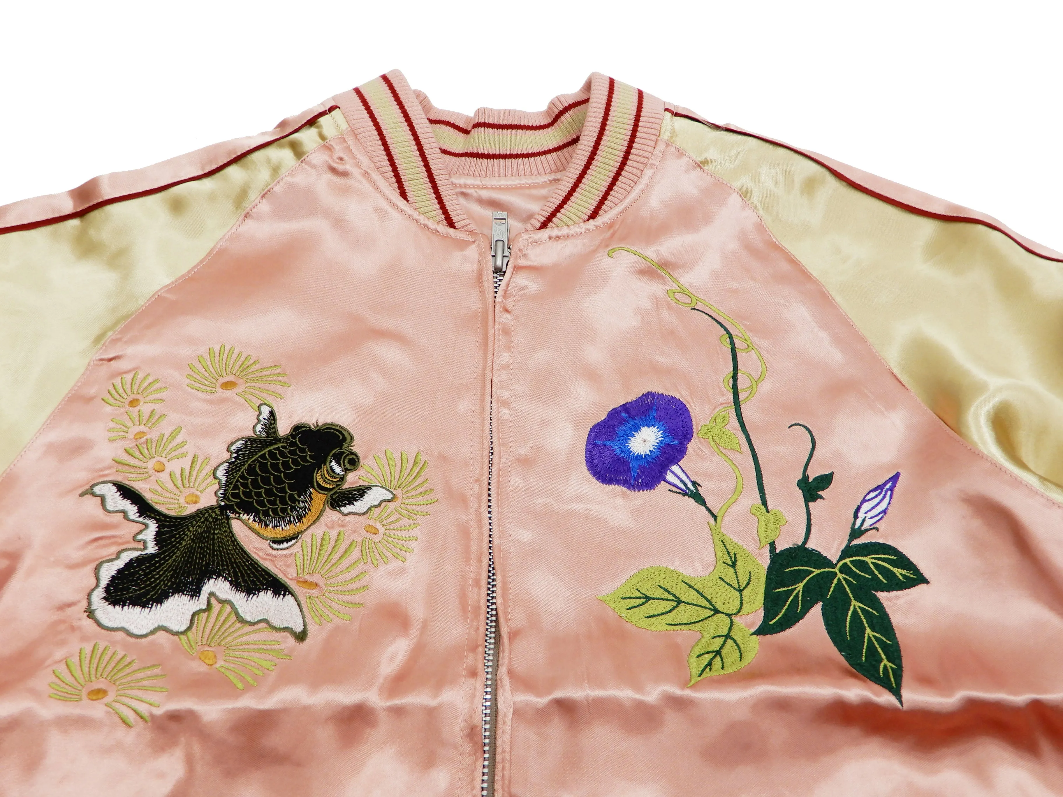 Japanesque Mens Japanese Souvenir Jacket Goldfish Bowl Sukajan 3RSJ-045 Pink/Beige