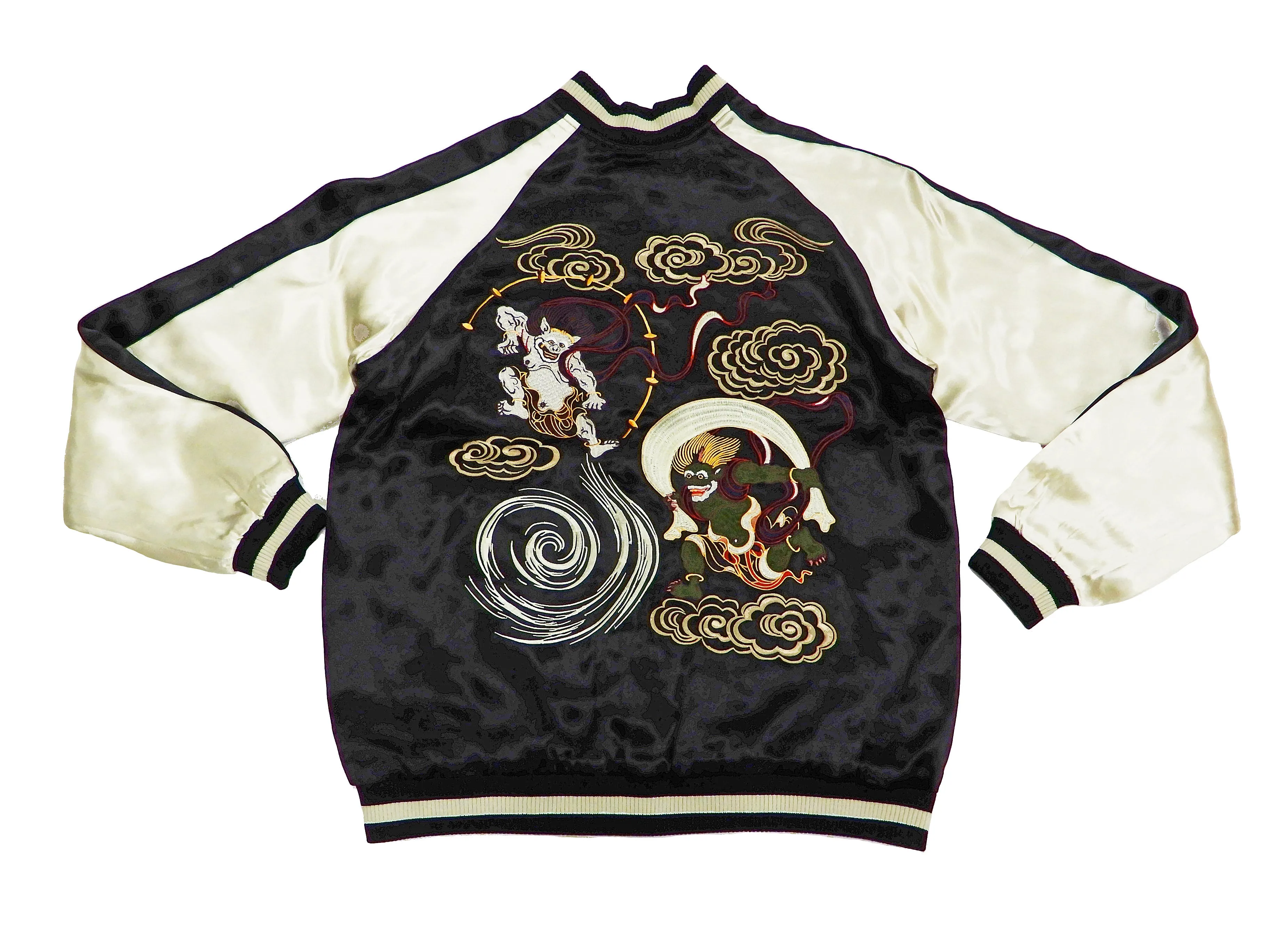 Japanesque Men's Japanese Souvenir Jacket Japan Art Fujin and Raijin Embroidered Sukajan 3RSJ-003 Black/Off