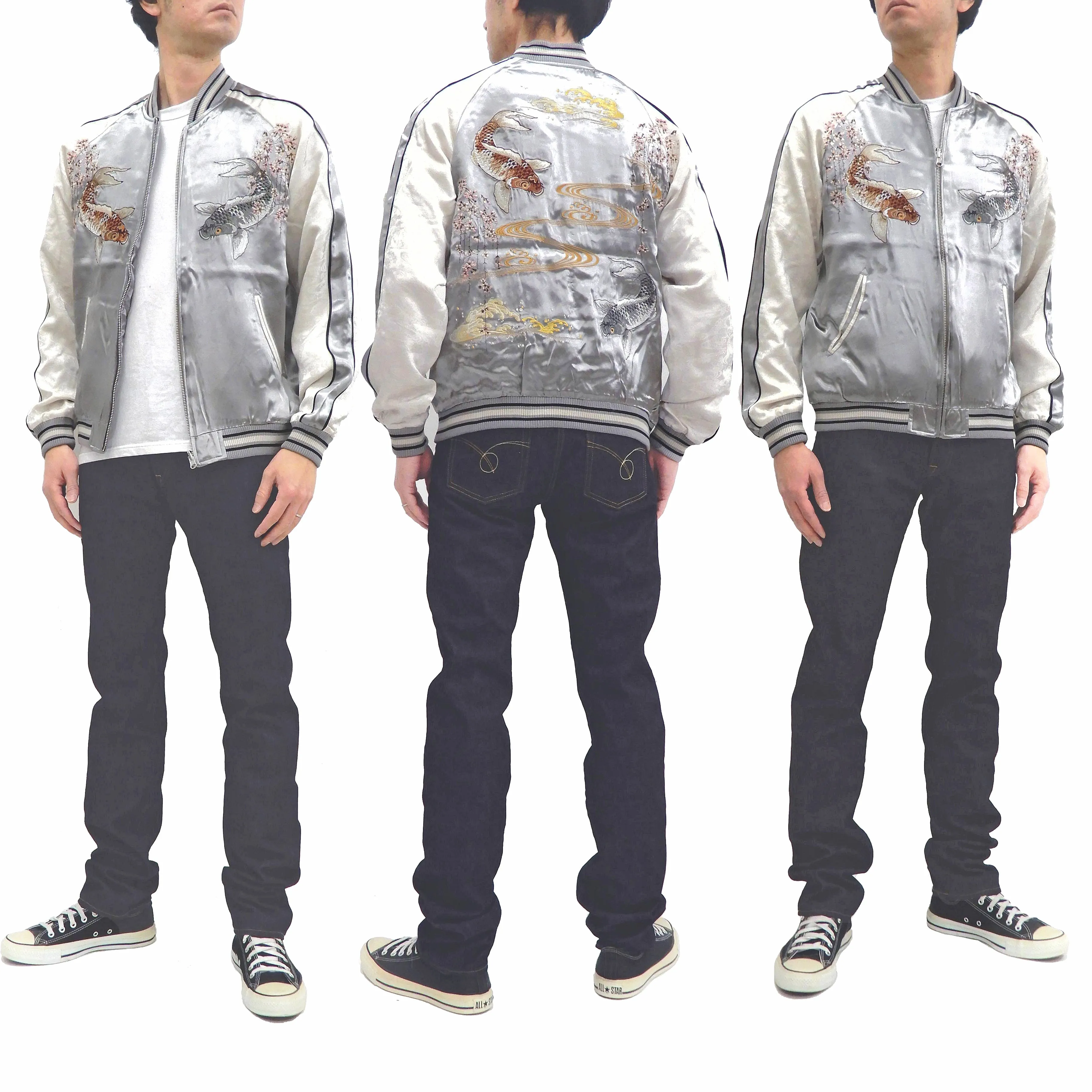 Japanesque Sukajan Men's Japanese Souvenir Jacket Japanese Koi fish 3RSJ-754 Gray/Off