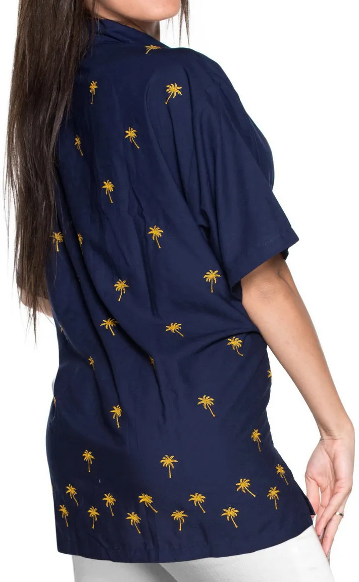 LA LEELA Women's Beach Casual Hawaiian Blouse Short Sleeve button Down Shirt Navy Blue aloha