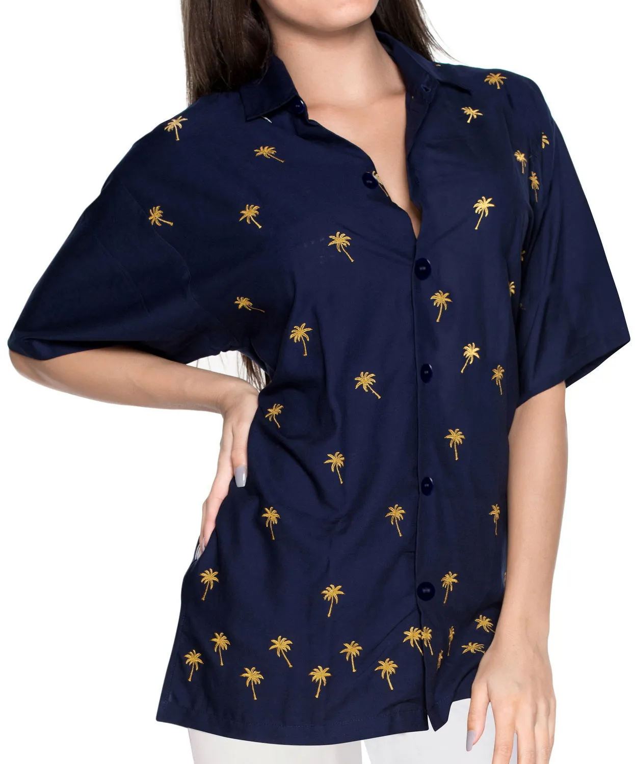 LA LEELA Women's Beach Casual Hawaiian Blouse Short Sleeve button Down Shirt Navy Blue aloha