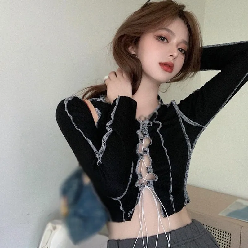 Lace Up Bandage Langarm Crop Top E Girl Kontrast Stitch Patchwork Big Fall