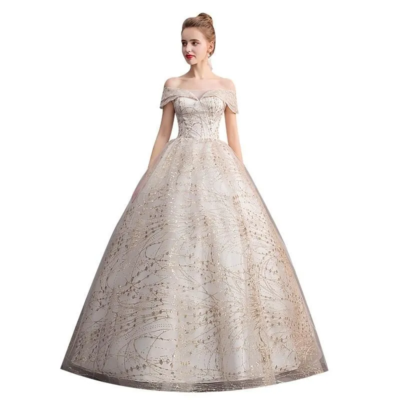 Luxury Gold Wedding Dresses V-Neck Off The Shoulder Lace Up Ball Gown