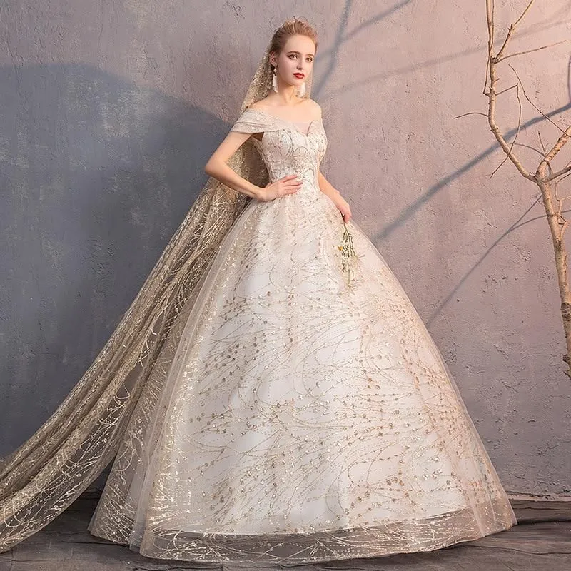 Luxury Gold Wedding Dresses V-Neck Off The Shoulder Lace Up Ball Gown