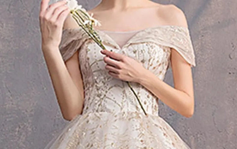 Luxury Gold Wedding Dresses V-Neck Off The Shoulder Lace Up Ball Gown