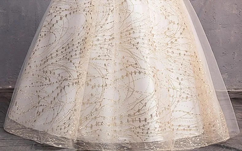 Luxury Gold Wedding Dresses V-Neck Off The Shoulder Lace Up Ball Gown