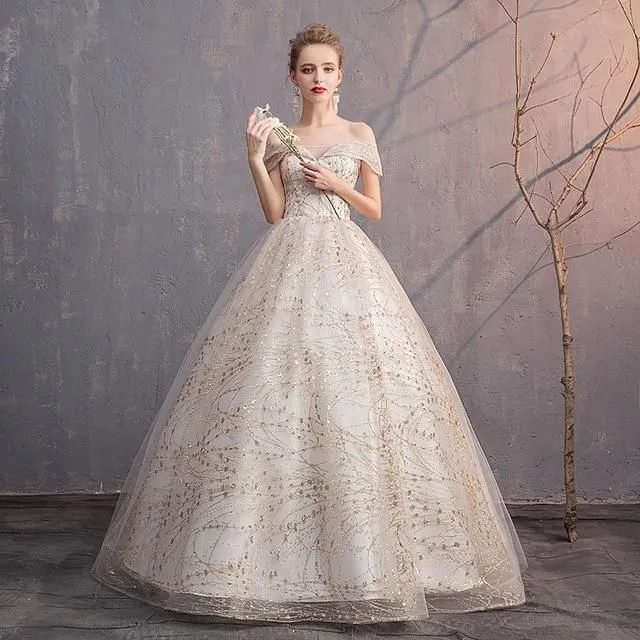 Luxury Gold Wedding Dresses V-Neck Off The Shoulder Lace Up Ball Gown