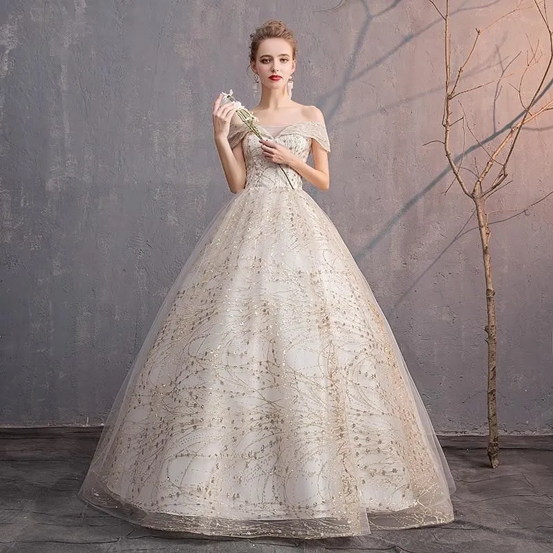 Luxury Gold Wedding Dresses V-Neck Off The Shoulder Lace Up Ball Gown