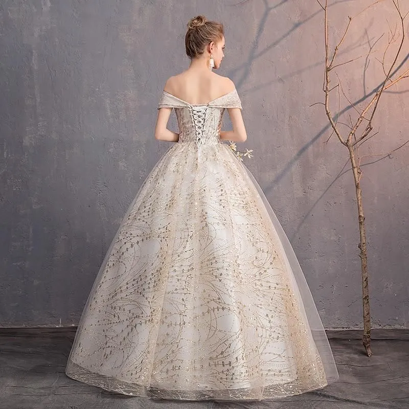 Luxury Gold Wedding Dresses V-Neck Off The Shoulder Lace Up Ball Gown