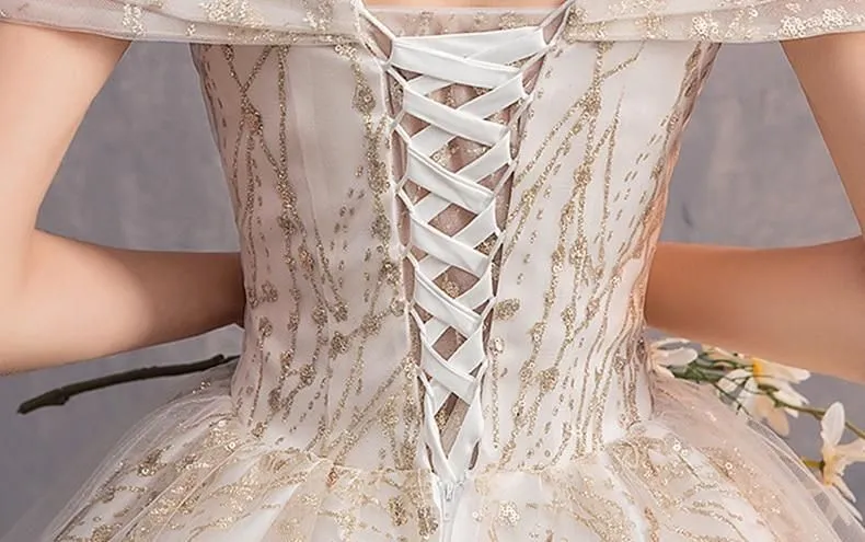 Luxury Gold Wedding Dresses V-Neck Off The Shoulder Lace Up Ball Gown