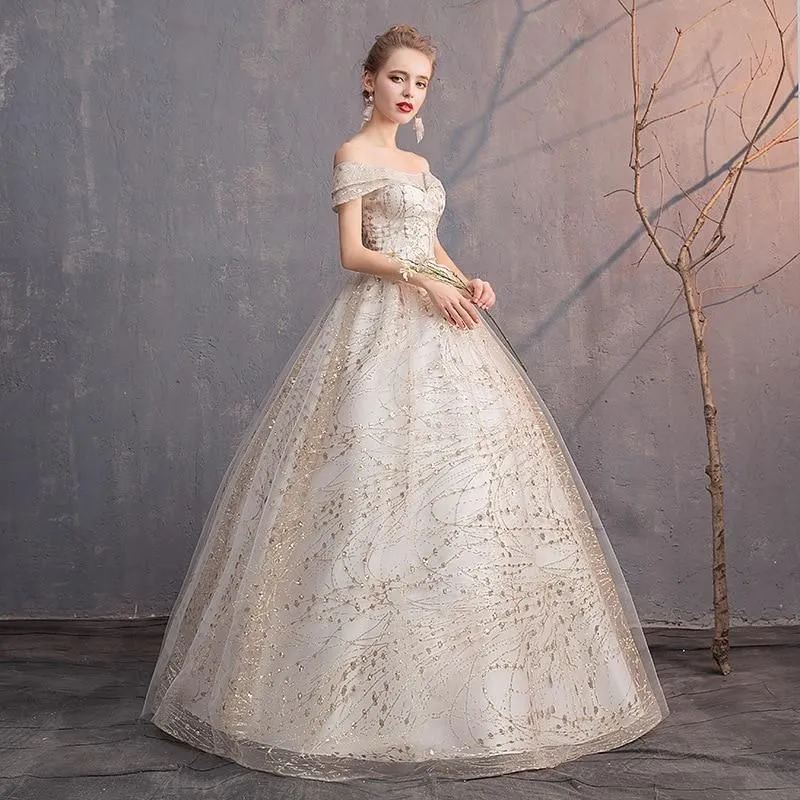 Luxury Gold Wedding Dresses V-Neck Off The Shoulder Lace Up Ball Gown