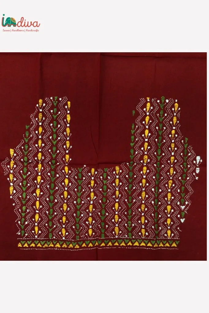 Reddish Maroon Kantha Blouse Material With Yellow & Green Motifs