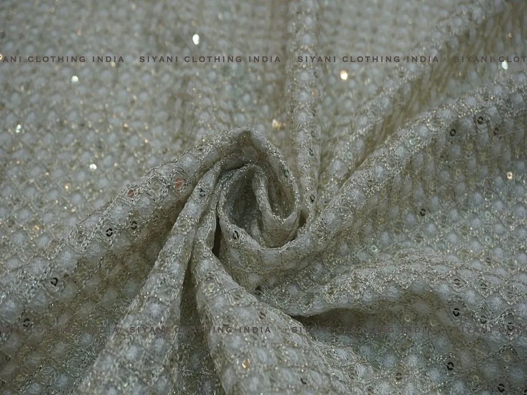 White Sequins And Thread Embroidered Silk Fabric