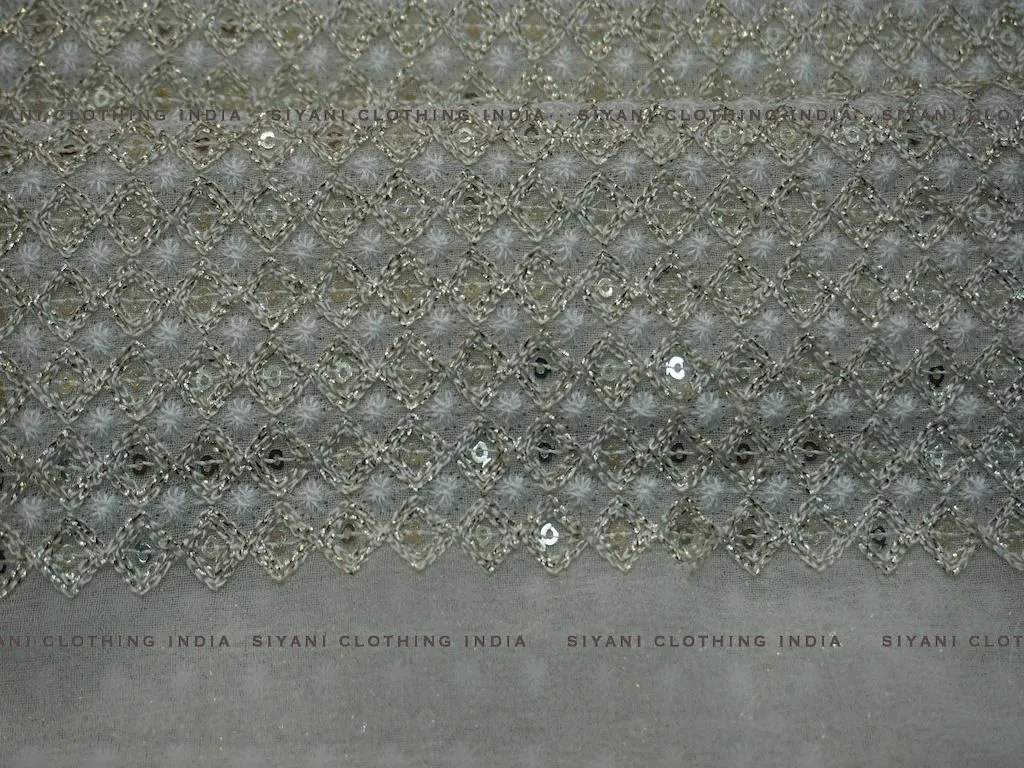 White Sequins And Thread Embroidered Silk Fabric